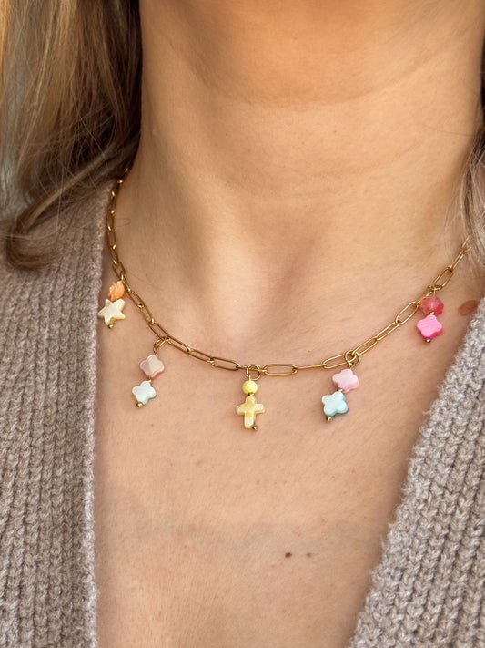 Gold Paperclip Necklace with 5 Shell Charms - Delicate Statement Jewelry