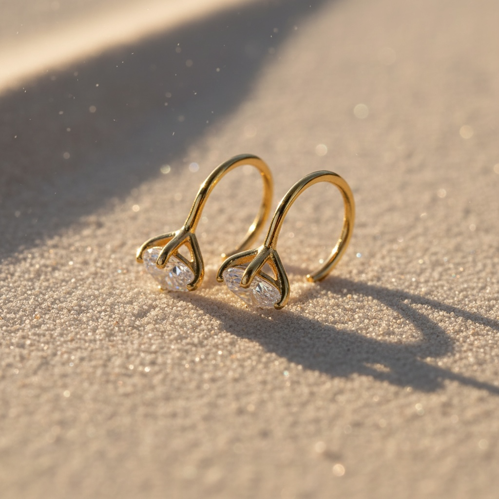 Minimalist gold stud earrings with clear gemstones on sandy background