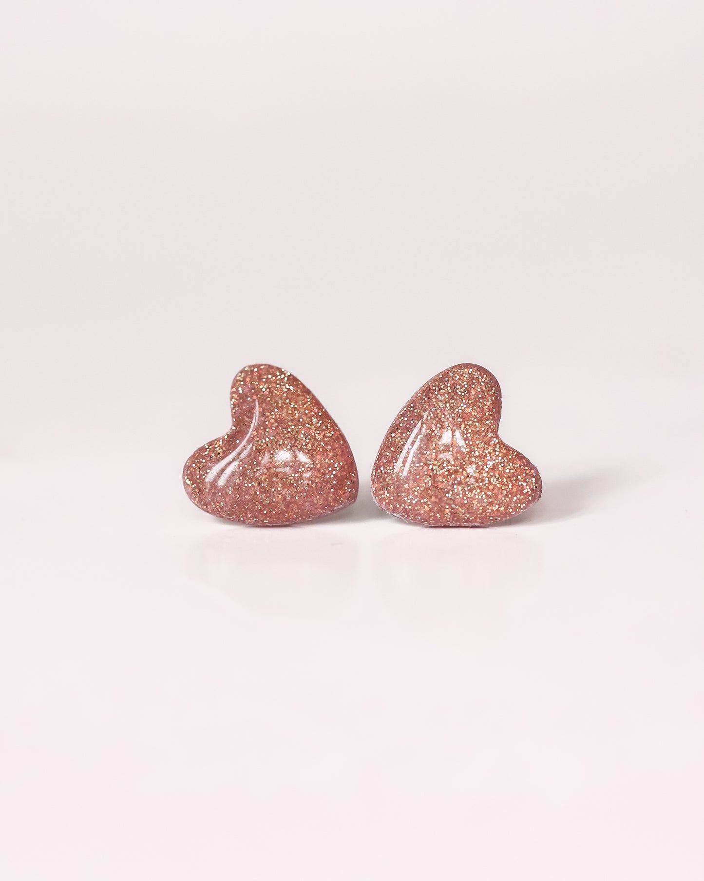 Rose glitter heart stud earrings with surgical hypoallergenic posts