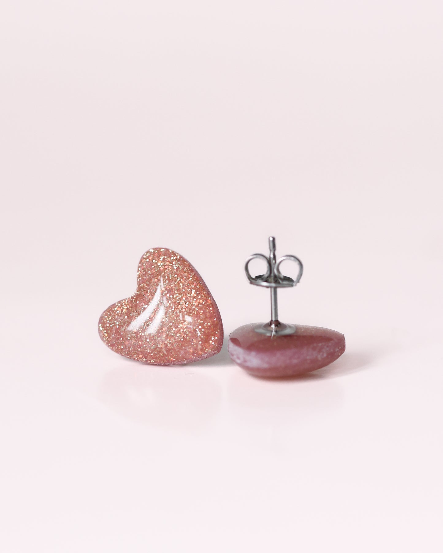 Rose glitter heart stud earrings with surgical hypoallergenic posts