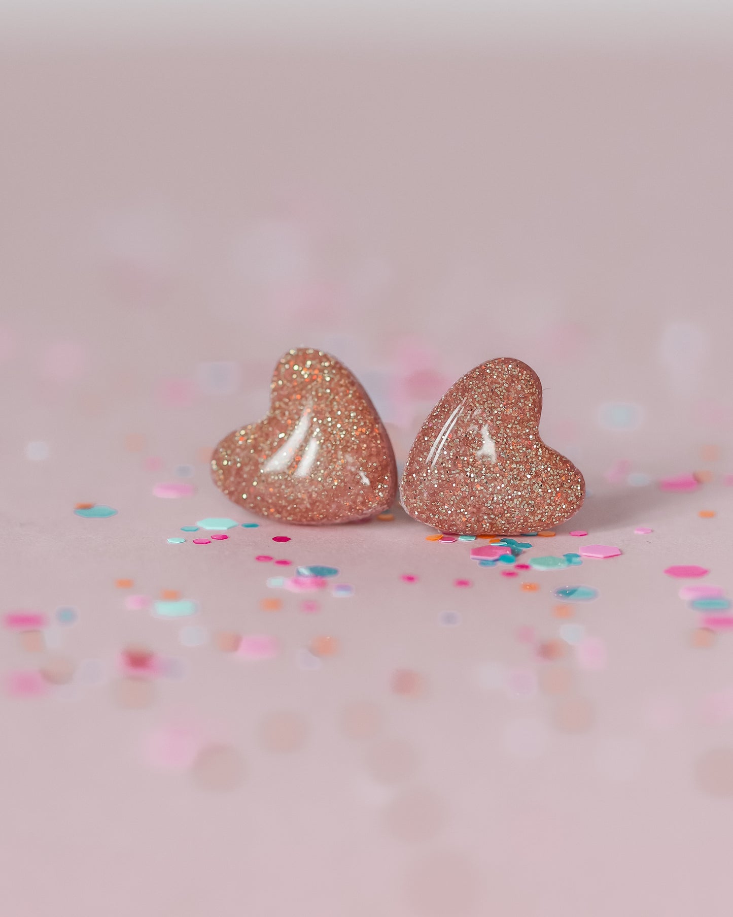Rose glitter heart stud earrings with surgical hypoallergenic posts
