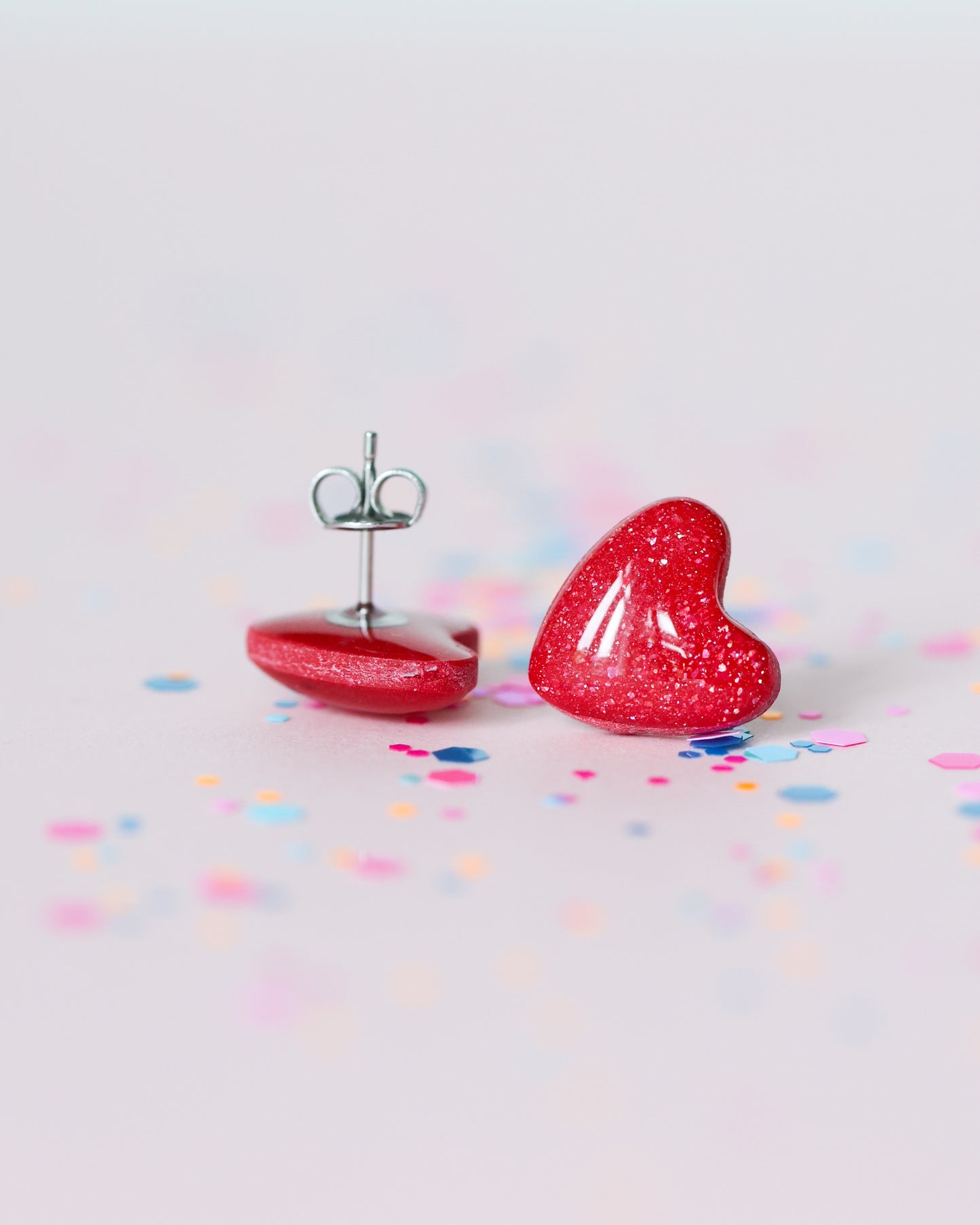 Red Glitter Heart Stud Earrings