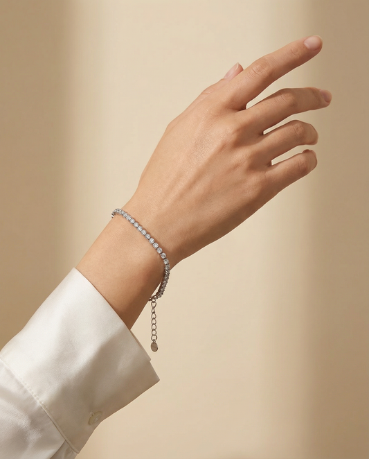 Elegant zirconia tennis bracelet in 925 sterling silver on wrist, minimalist design