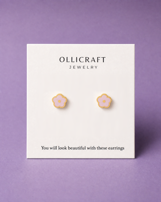 Pink flower flat back studs - Stainless Steel Earrings