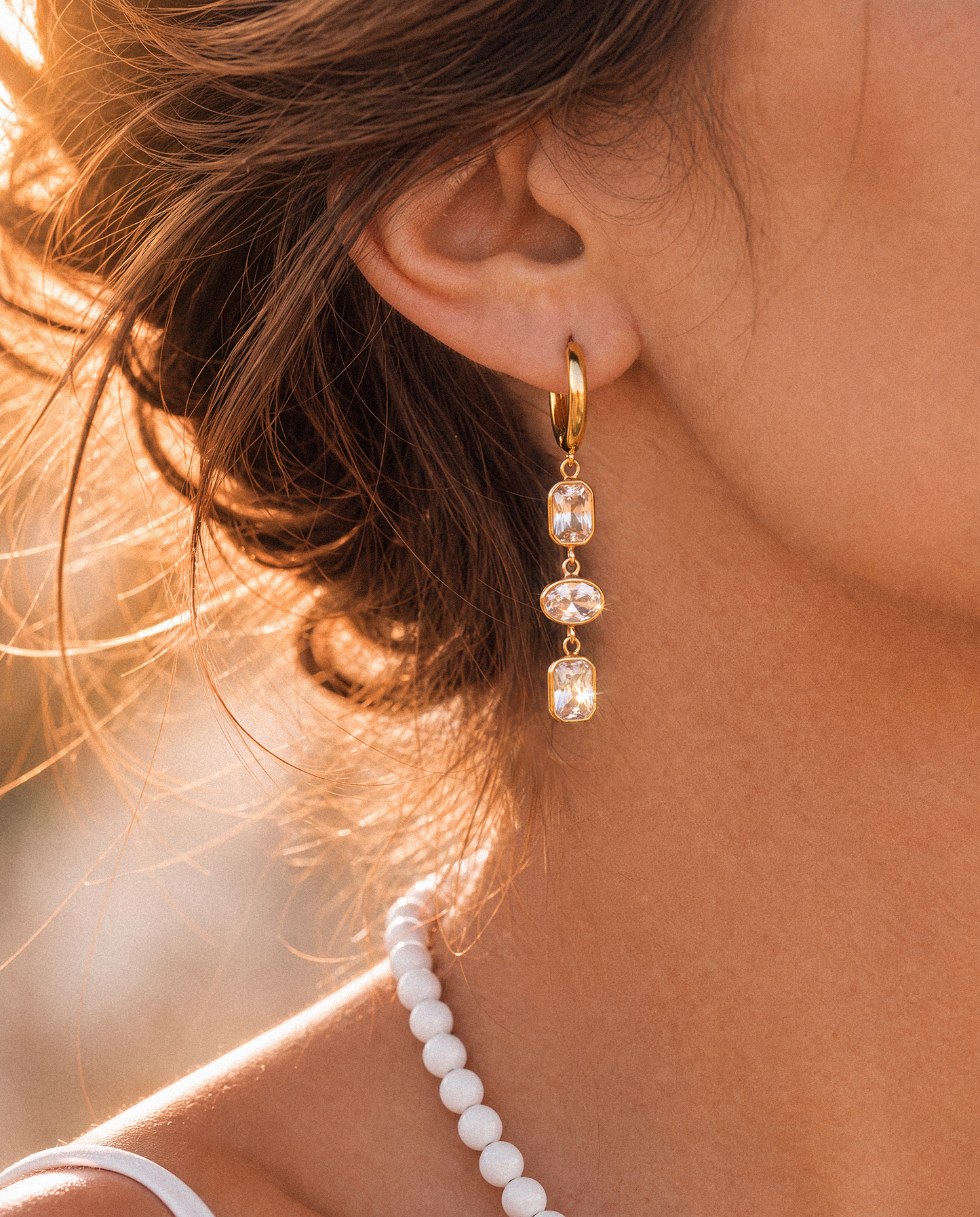 18K Gold Plated Stainless Steel Crystal Drop Earrings – Elegant Triple Stone Hoops