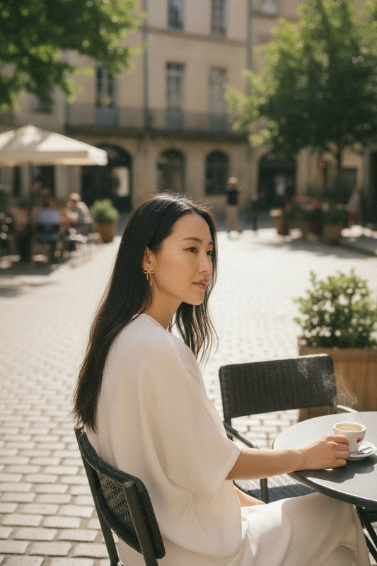 Woman wearing minimalist gold stud earrings, sitting at an outdoor cafe table with coffee