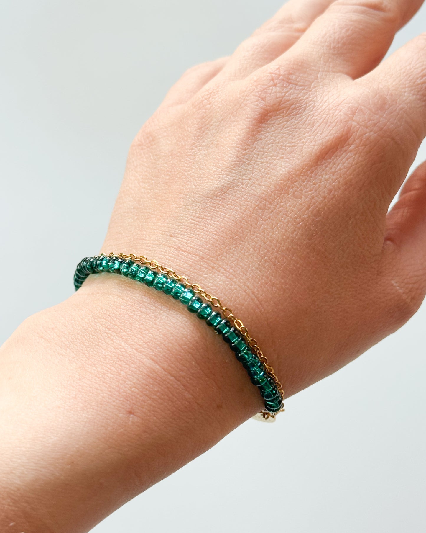 Emerald Green Glass Bead Bracelet – Handmade Layered Bracelet