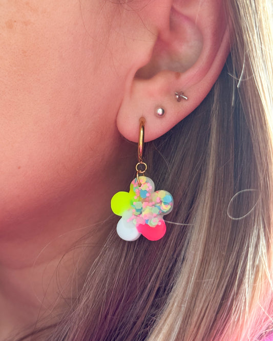 Bright floral statement earrings made from crystal resin