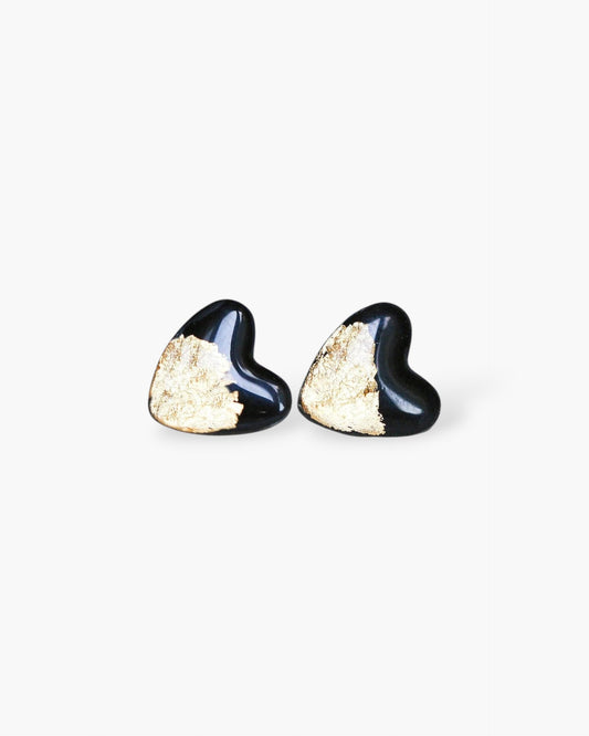 Black gold heart stud earrings for sensitive ears
