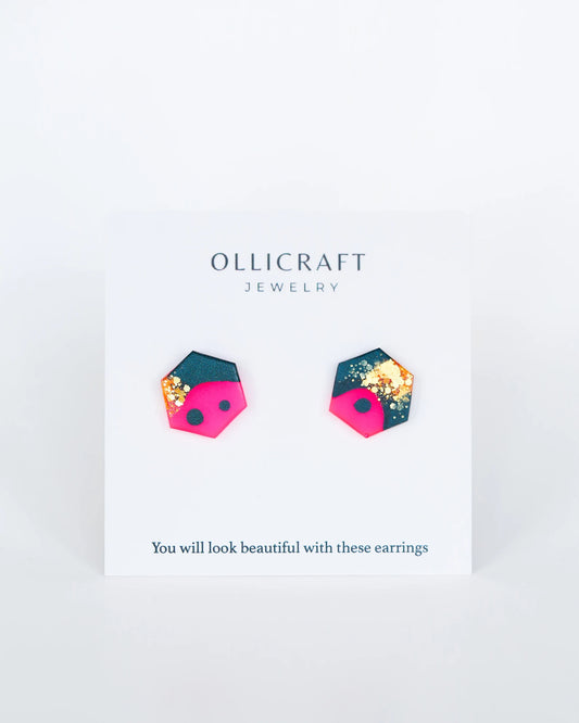 Colorful hexagon stud earrings - Surgical steel posts