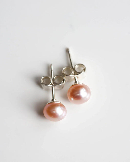Pearl pink studs earrings with silver posts - Ollijewelry