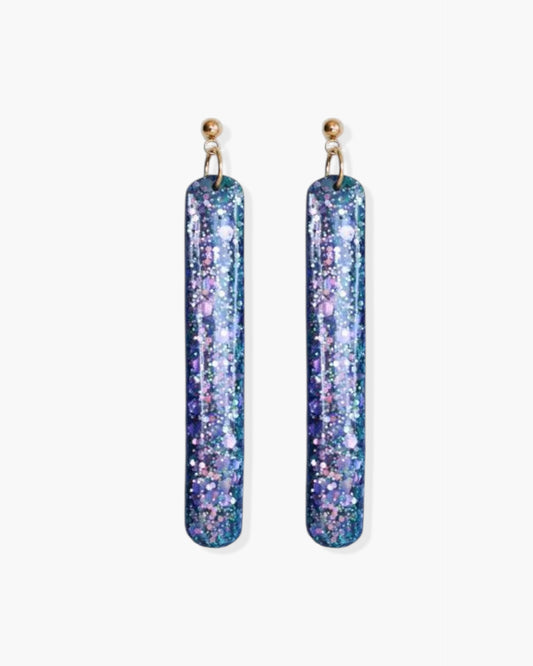 Stainless steel blue glitter bar earrings