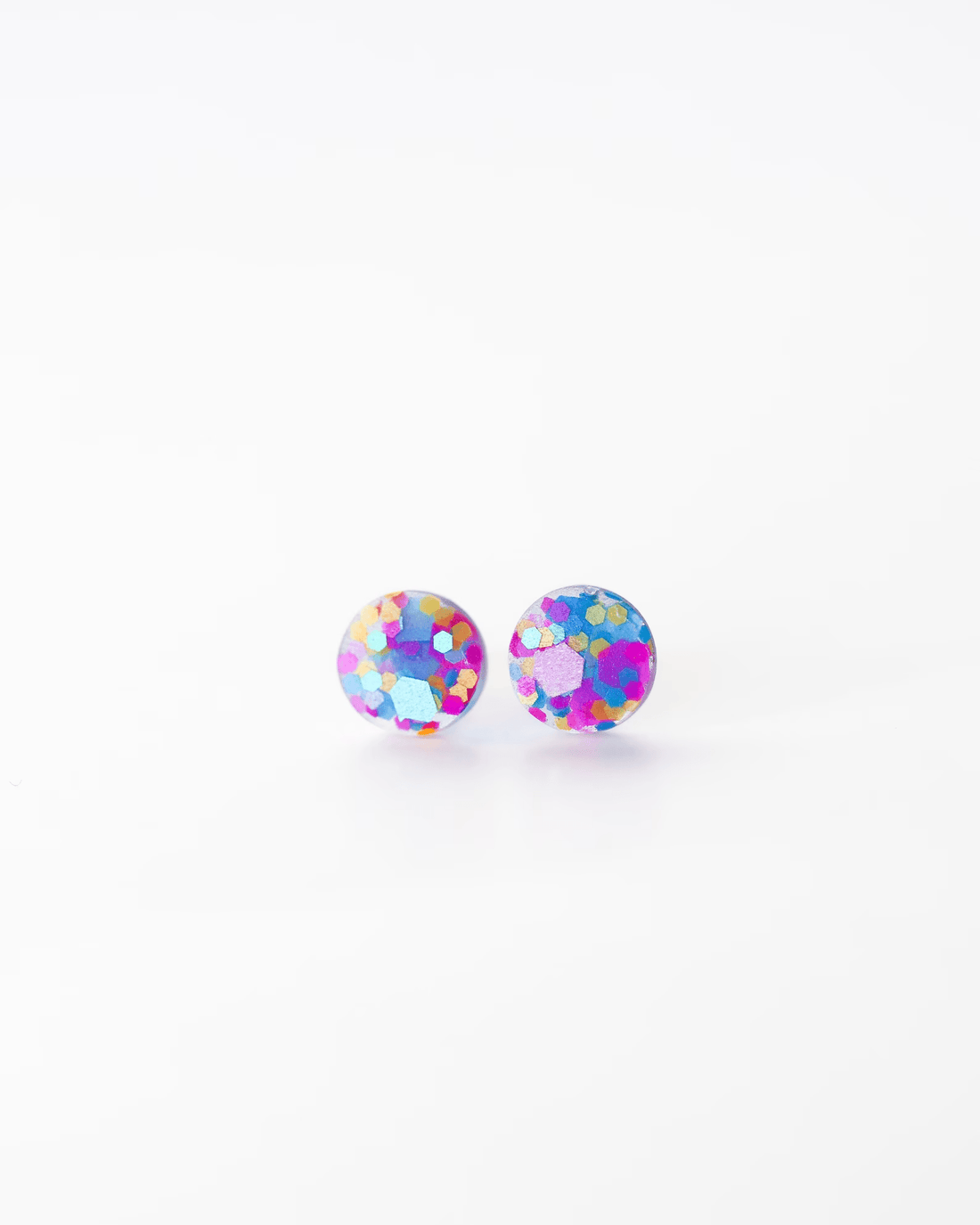 Colorful confetti 8mm round stud earrings on white background, minimalist jewelry