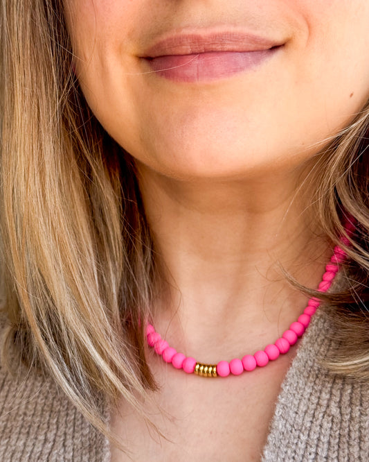 Bright Pink Statement Necklace - Handmade Polymer Clay Beads