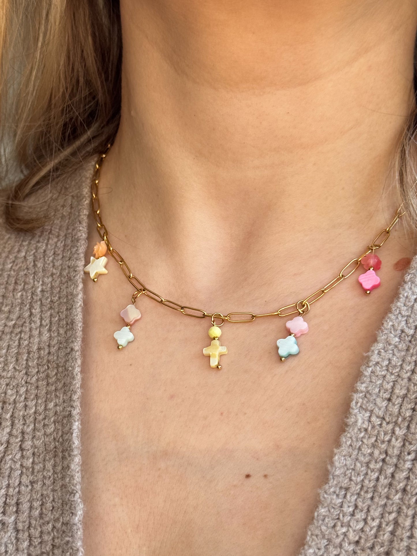 Gold Paperclip Necklace with 5 Shell Charms - Delicate Statement Jewelry