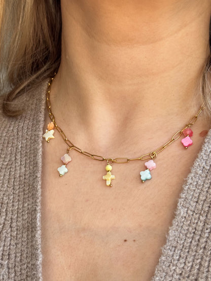 Gold Paperclip Necklace with 5 Shell Charms - Delicate Statement Jewelry