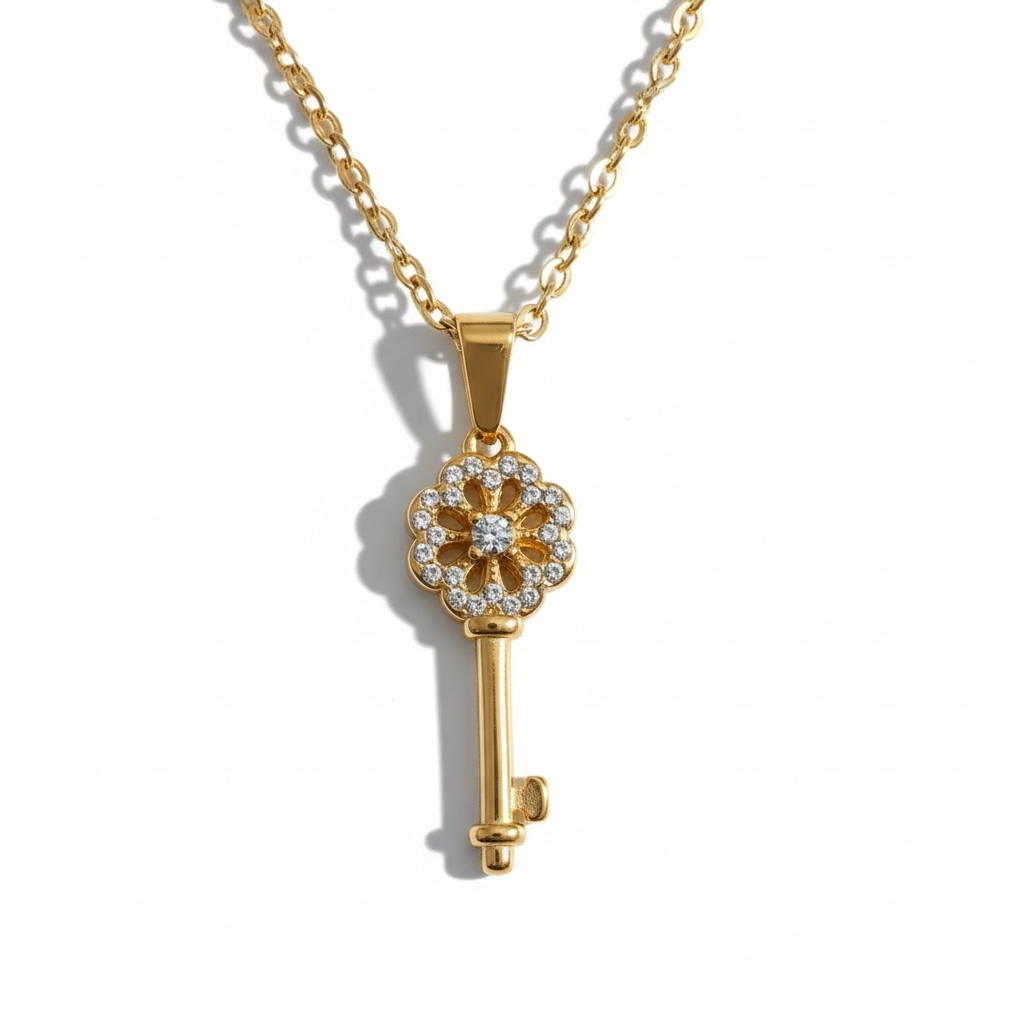 Gold key pendant necklace with crystal accents on a delicate chain, minimalist jewelry