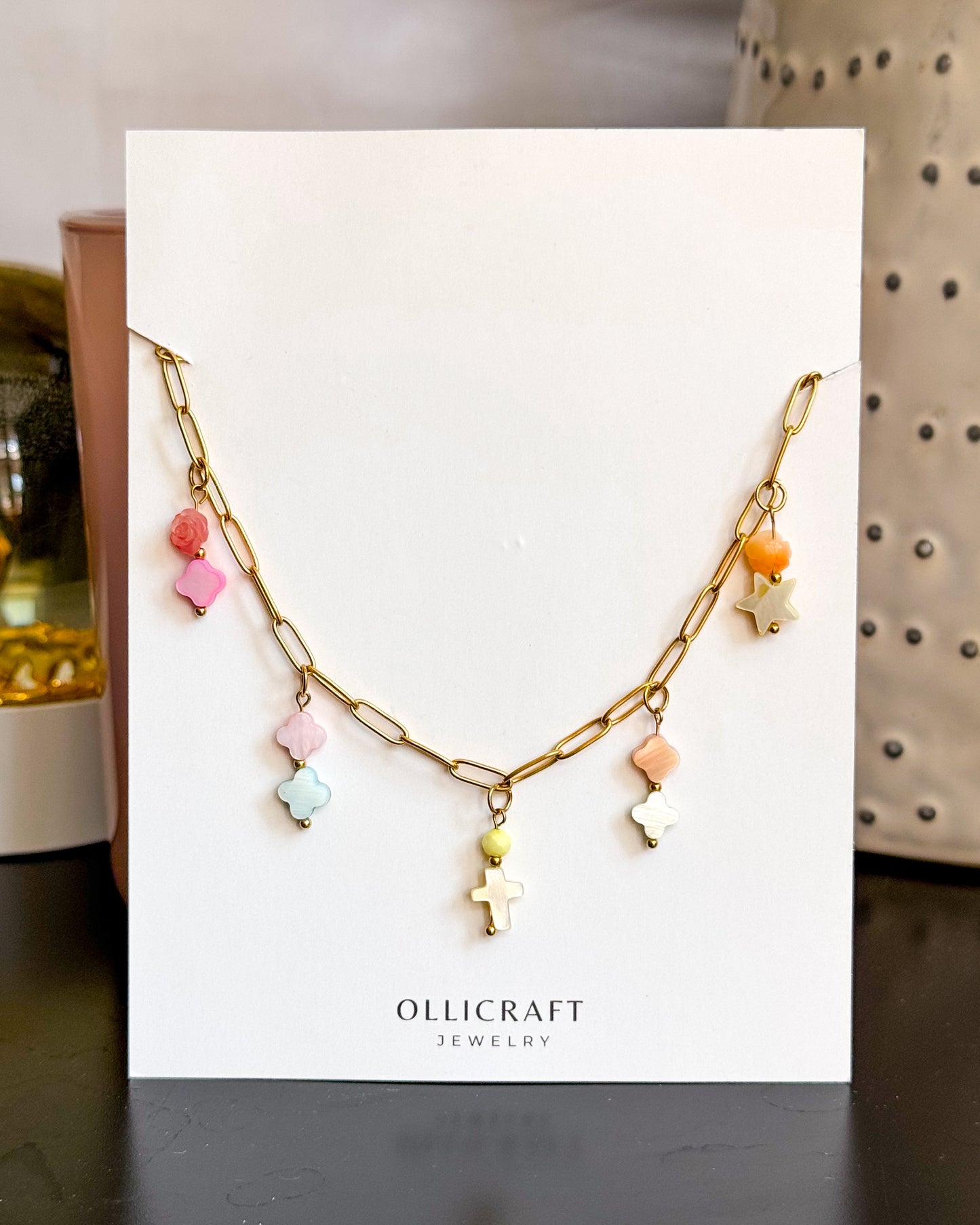 Gold Paperclip Necklace with 5 Shell Charms - Delicate Statement Jewelry