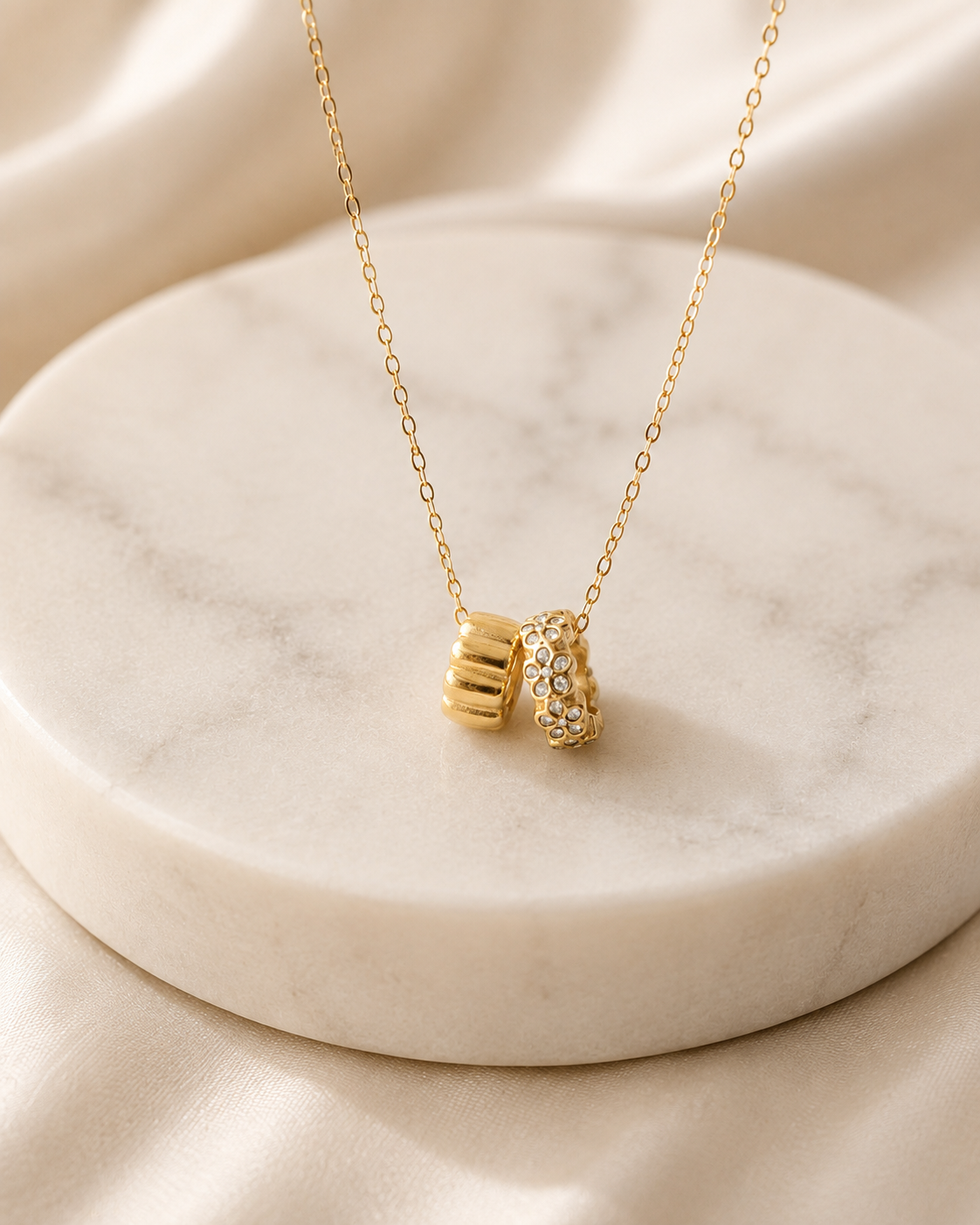 Gold Stainless Steel Double Ring Pendant Necklace – Elegant Layered Charm Necklace