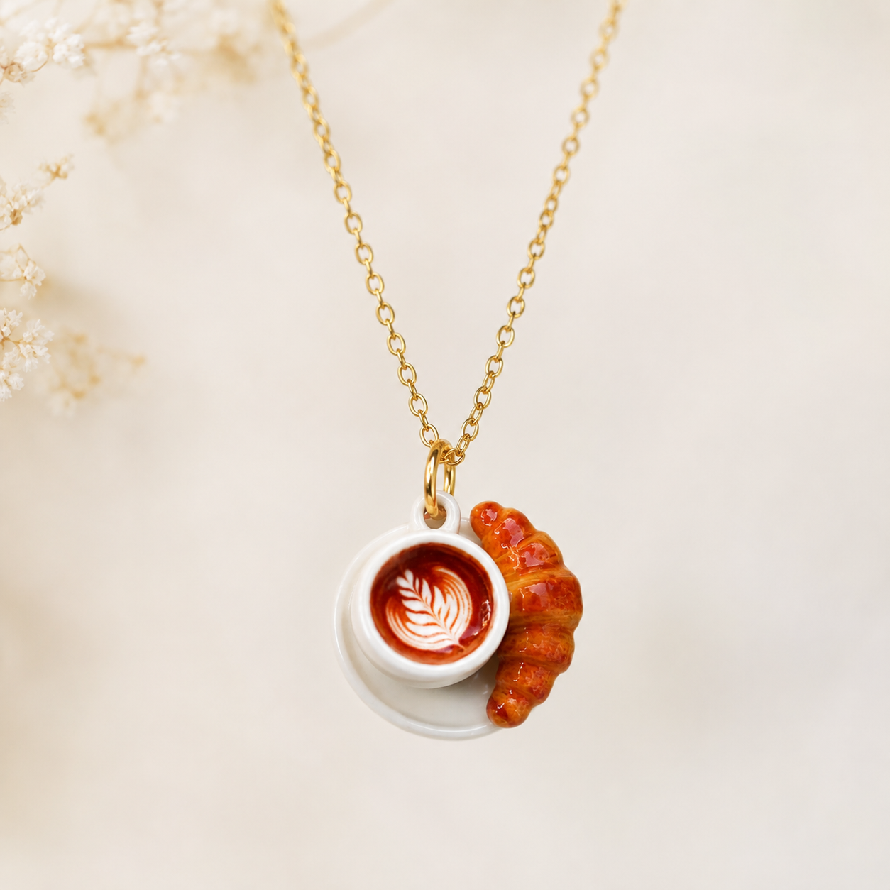 Coffee and Croissant Stainless steel delicate necklace