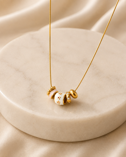18K Gold Plated Stainless Steel Charm Necklace – White Enamel & Sparkling Beads