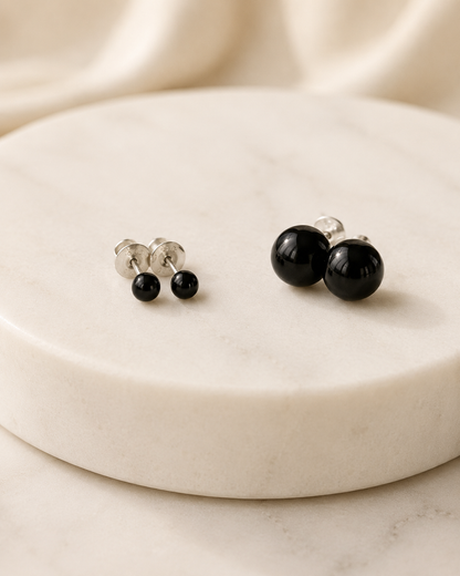 Boucles d'oreilles minimalistes en agate noire - Argent sterling 925
