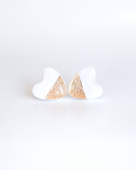 White heart stud earrings with gold foil