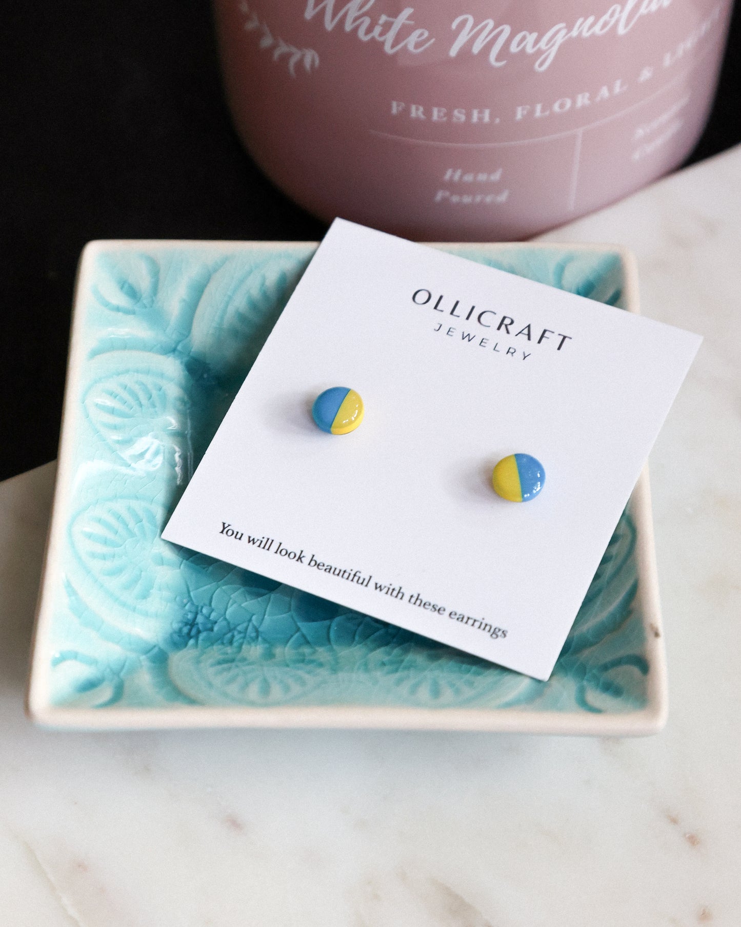 Blue and yellow small stud earrings