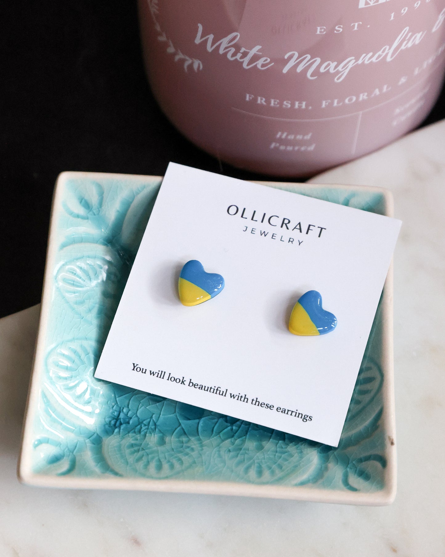 Blue and yellow heart shaped earrings