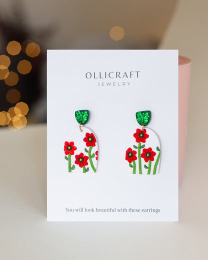 Cute red flower statement earrings - Stainless steel posts