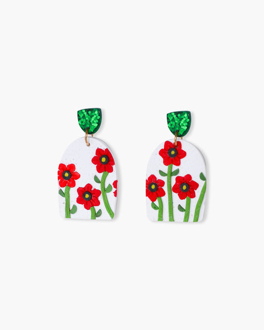 Cute red flower statement earrings - Stainless steel posts