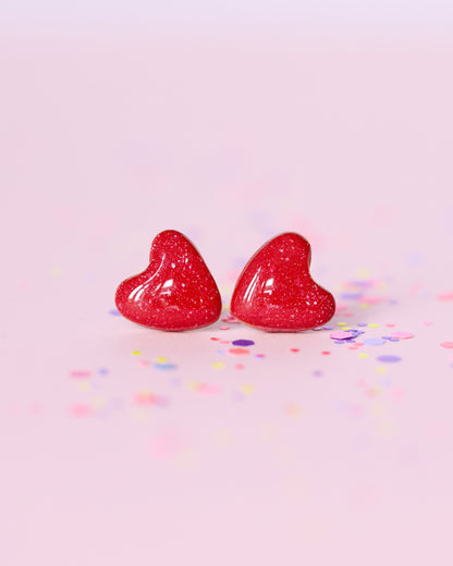 Red Glitter Heart Stud Earrings