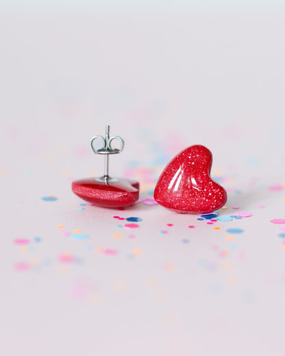 Red Glitter Heart Stud Earrings