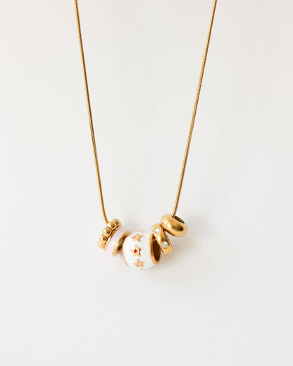18K Gold Plated Stainless Steel Charm Necklace – White Enamel & Sparkling Beads