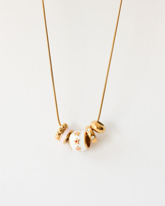 18K Gold Plated Stainless Steel Charm Necklace – White Enamel & Sparkling Beads