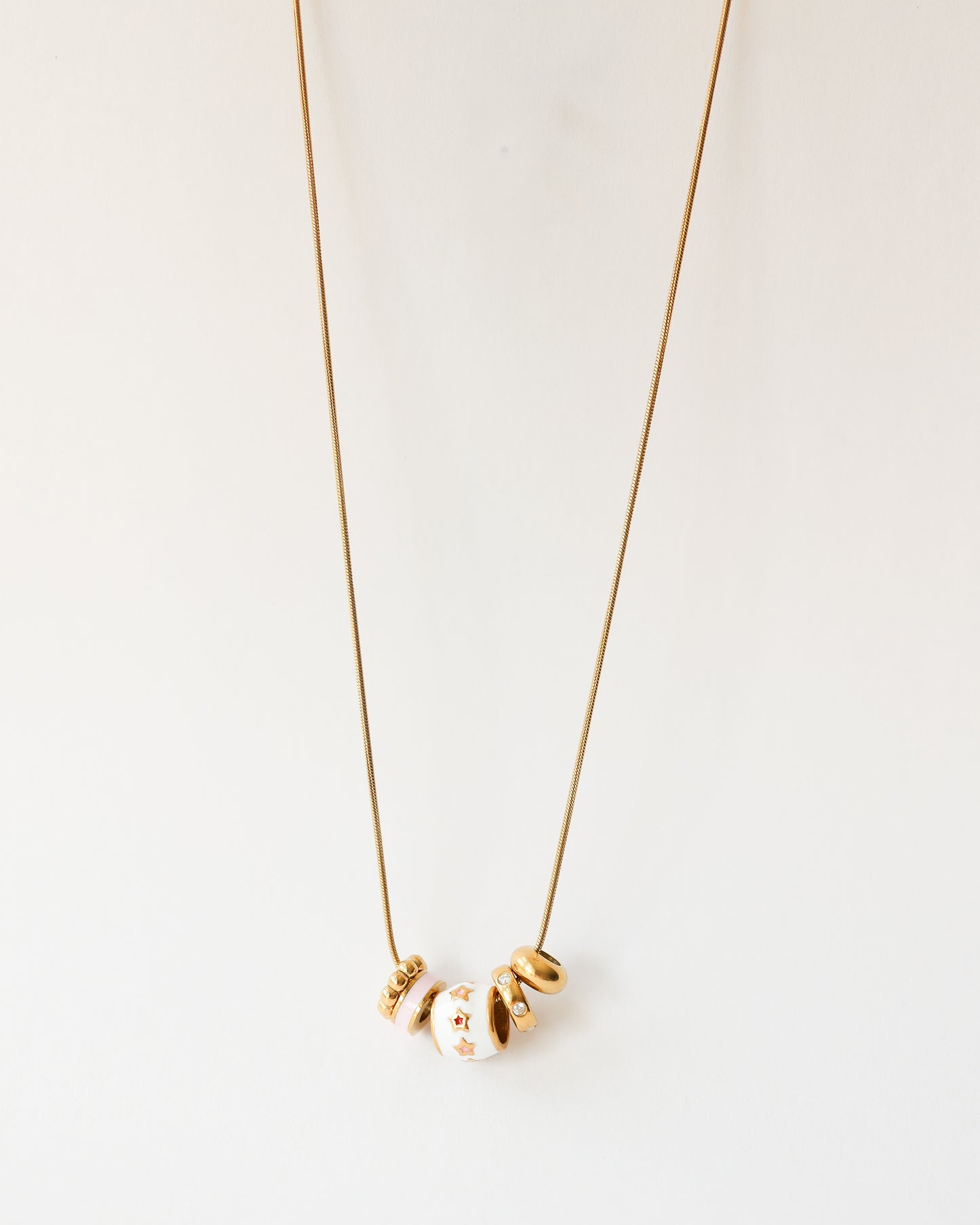 18K Gold Plated Stainless Steel Charm Necklace – White Enamel & Sparkling Beads