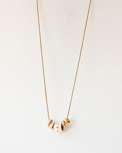 18K Gold Plated Stainless Steel Charm Necklace – White Enamel & Sparkling Beads