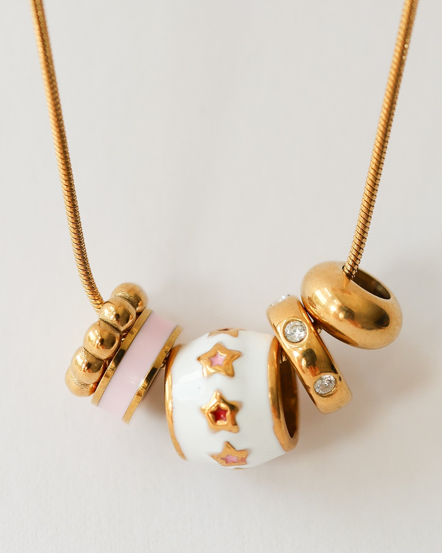 18K Gold Plated Stainless Steel Charm Necklace – White Enamel & Sparkling Beads
