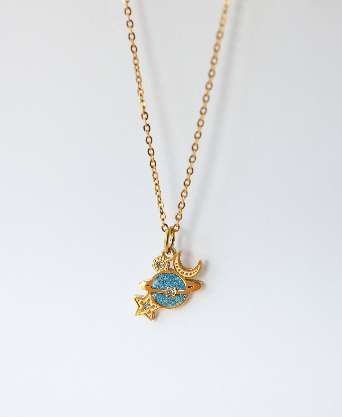 Celestial Planet Necklace – Glittery Blue Moon & Star Pendant