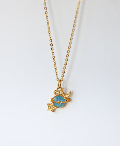 Celestial Planet Necklace – Glittery Blue Moon & Star Pendant