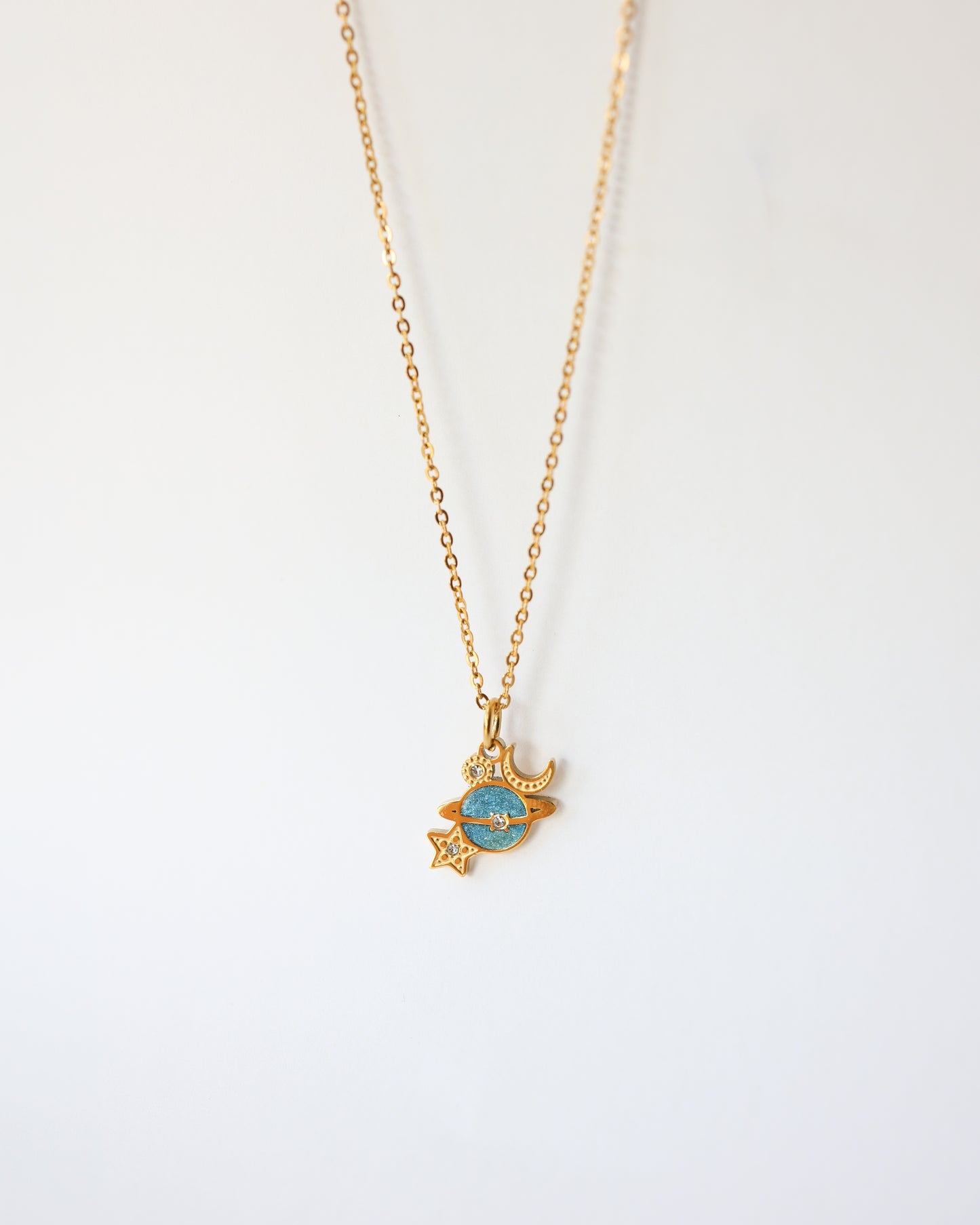 Celestial Planet Necklace – Glittery Blue Moon & Star Pendant