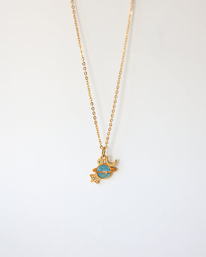 Celestial Planet Necklace – Glittery Blue Moon & Star Pendant