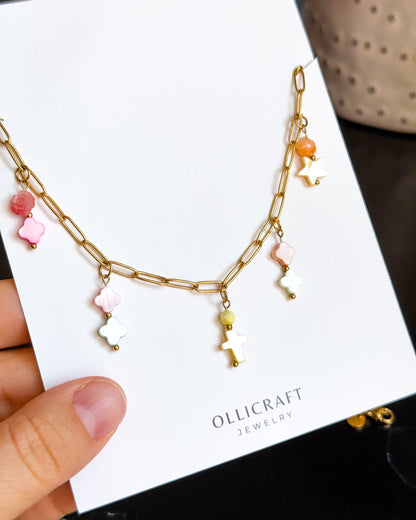 Gold Paperclip Necklace with 5 Shell Charms - Delicate Statement Jewelry
