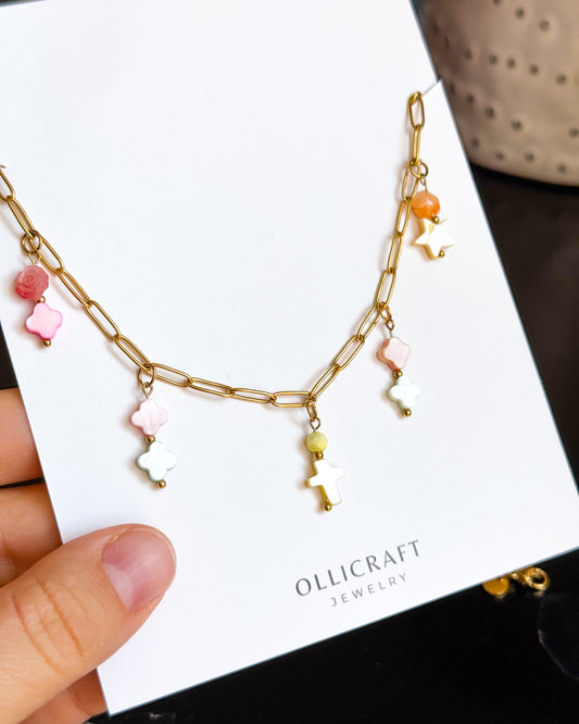 Gold Paperclip Necklace with 5 Shell Charms - Delicate Statement Jewelry