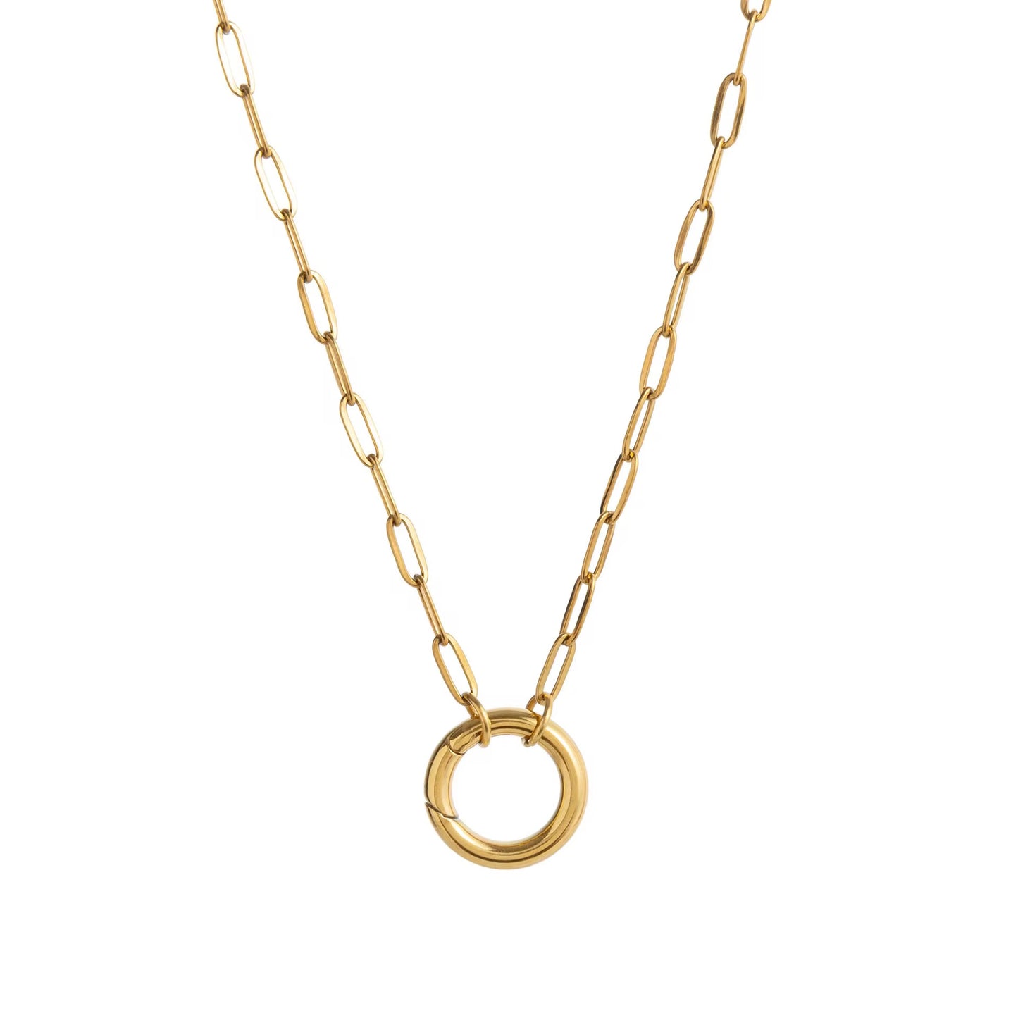 Minimalist gold chain necklace with round pendant on white background