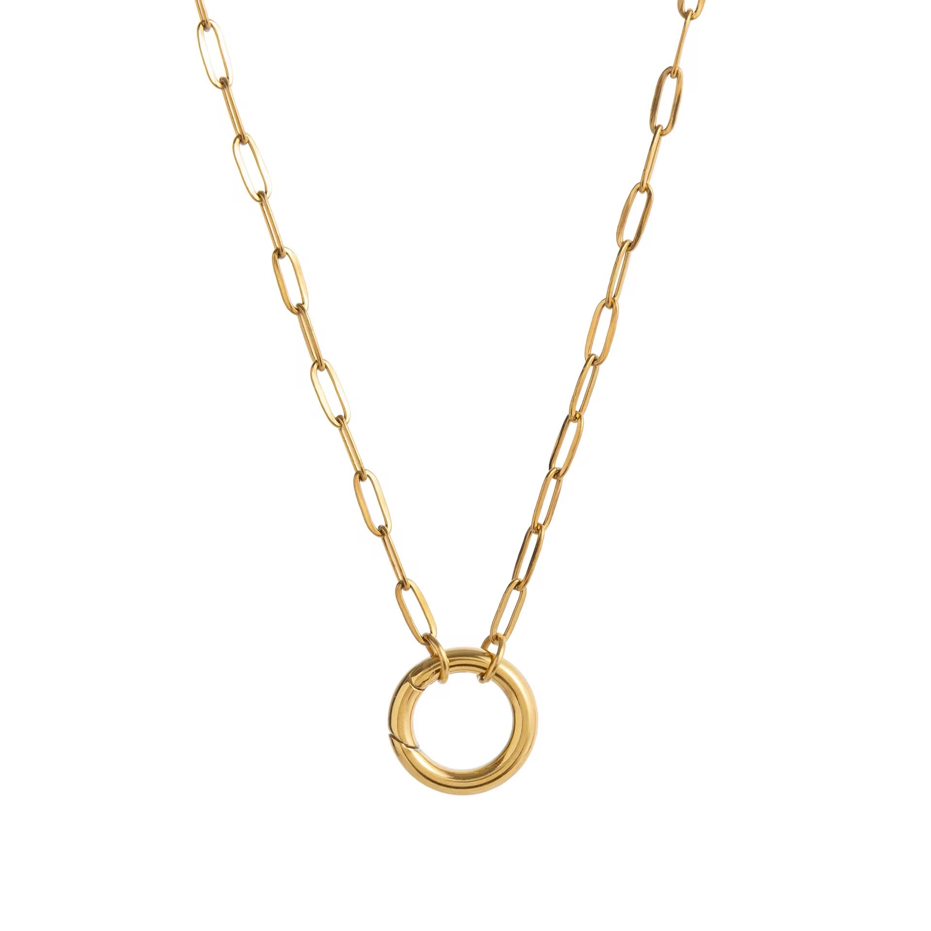Minimalist gold chain necklace with round pendant on white background