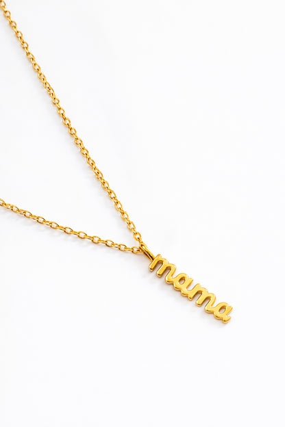 Gold chain necklace with 'mama' script pendant on white background, handmade jewelry