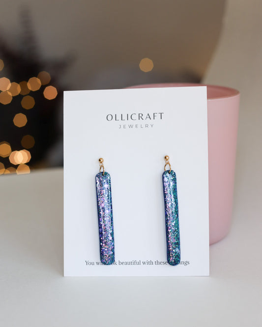 Blue glitter bar earrings, Bright statement earrings with colourful glitter, Handmade jewelry gift