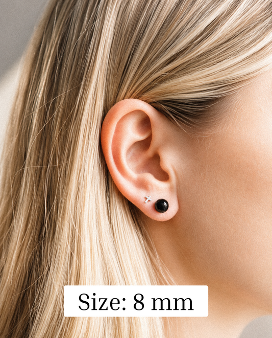 Black Agate Minimalist Stud Earrings - 925 Sterling Silver