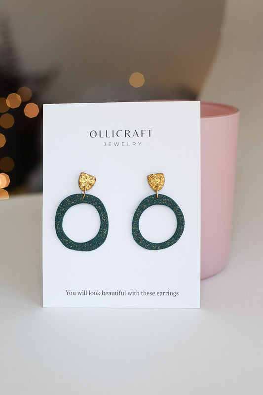 Emerald green earrings with gold sparkles, Handmade jewelry gift